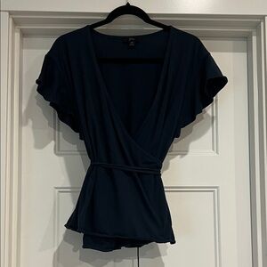 J. Crew Deep Navy Wrap Blouse with Flutter Sleeves